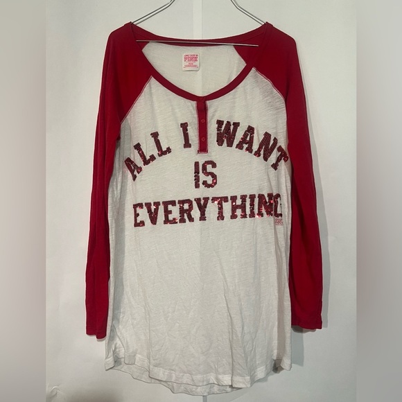 PINK Victoria's Secret Red & White Holiday Sequin Long Pajama Top/Dress Sz Med - Picture 1 of 4